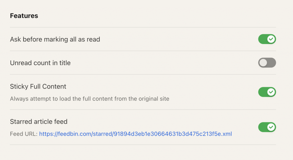 Some switches in the features section of Feedbin. At the bottom is a "starred article feed" which shows you your feed RSS and the ability to turn it on and off.