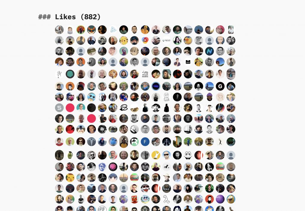 A massive block avatar images with a heading, 'likes (882)".